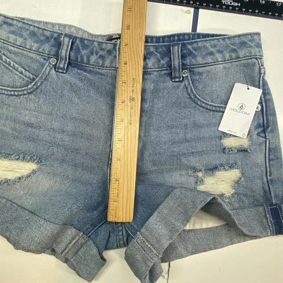 NEW VOLCOM Stoned Short Rolled Distressed Boyfriend Fit Shorts Blue 27 51-6